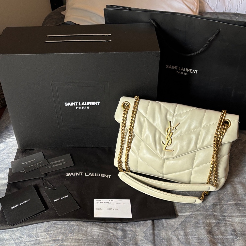 Saint Laurent Ivory Quilted Shoulder Bag with Gold Chain